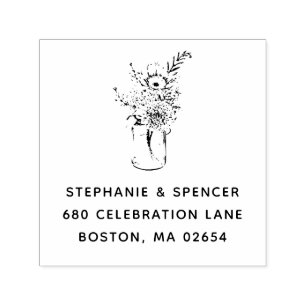 Sello Automático Rustic Modern Wildflower Mason Jar Dirección Boda