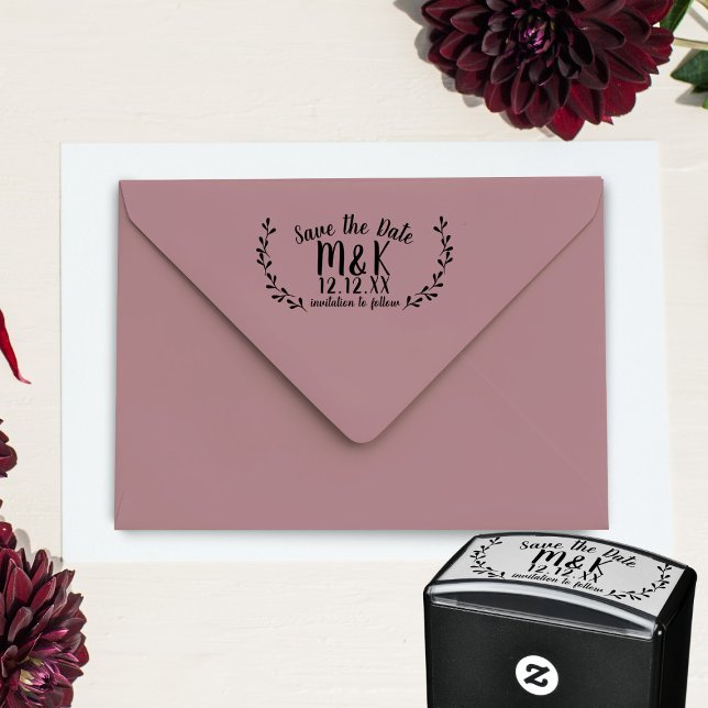 Sello Automático Salven la cita Boda Laurel Wreath (Add your initials and wedding date to this casual Save the Date self inking stamp & get stamp happy)