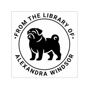 Sello Automático Silueta de perro pug de pie nombre de libro de bib