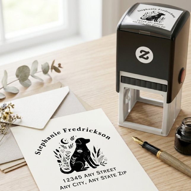 Sello Automático Silueta Floral Botánica Caprichosa Perro Padre (Floral dog silhouette return address stamp for pet parents — a unique adoption day gift idea.)