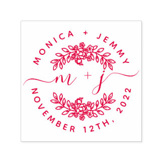 Sello Automático Simple Custom Leaves Initials Script Round Wedding