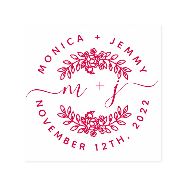 Sello Automático Simple Custom Leaves Initials Script Round Wedding (Diseño)