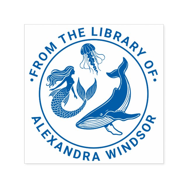 Sello Automático Sirena, ballena, nombre del libro de la biblioteca (Diseño)