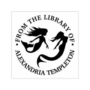 Sello Automático Sirenas Nadando Silueta Nombre del Libro de la Bib