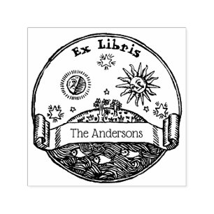 Sello Automático Sol Luna Estrellas Océano Tierra Ex Libris Antiguo
