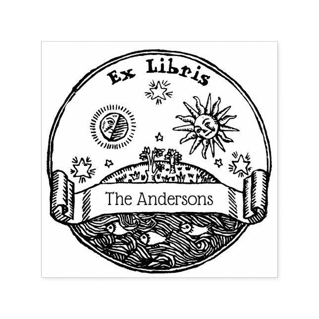 Sello Automático Sol Luna Estrellas Océano Tierra Ex Libris Antiguo (Diseño)