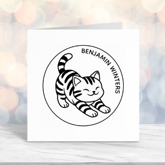 Sello Automático Stretching Tabby Cat Custom Text