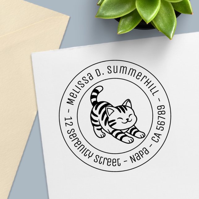 Sello Automático Stretching Tabby Cat Round Address (Subido por el creador)