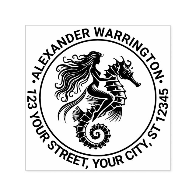 Sello Automático Sultry Mermaid Riding Seahorse Nombre Devolver Dir (Diseño)