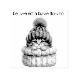 Sello Automático Tampon encreur en bois chat avec chapeau de laine.