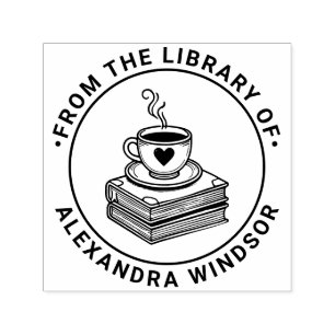 Sello Automático Taza de café con corazón en la pila de libros Nomb