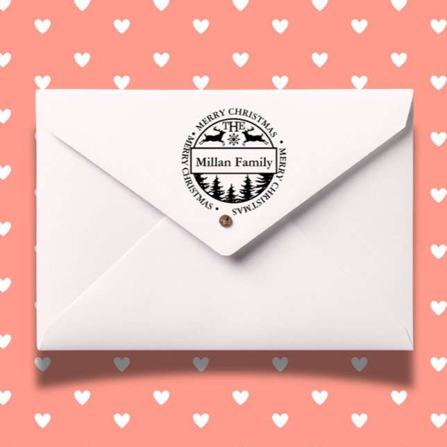 Sello Automático Tema de la familia Feliz Navidad Deer (Add a heartfelt touch to your holiday cards with our Family Merry Christmas Deer theme  )