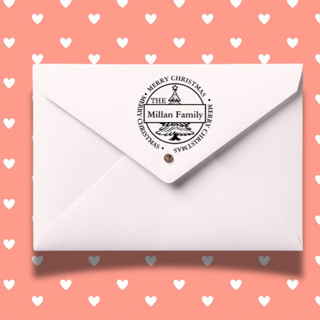 Sello Automático Tema del árbol de navidad de la familia merry (Celebrate the holiday season with a Family Merry Christmas Tree self-inking stamp )