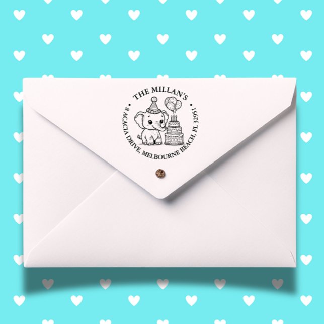 Sello Automático Tema del cumpleaños del elefante (Celebrate your baby shower with a charming elephant theme self-inking stamp)