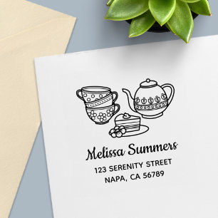 Sello Automático Tetera, teacups y dirección de pasteles