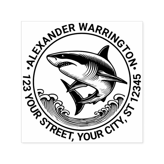 Sello Automático Tiburón Blanco Sobre Olas #2 Nombre Dirección Reto (Diseño)