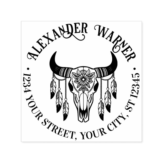 Sello Automático Tribal Bull Cow Skull Feathers Nombre Devolver Dir (Diseño)