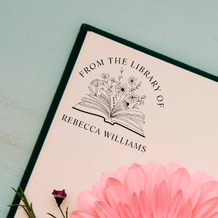 Sello Automático Tu nombre abre libro y flores desde la biblioteca