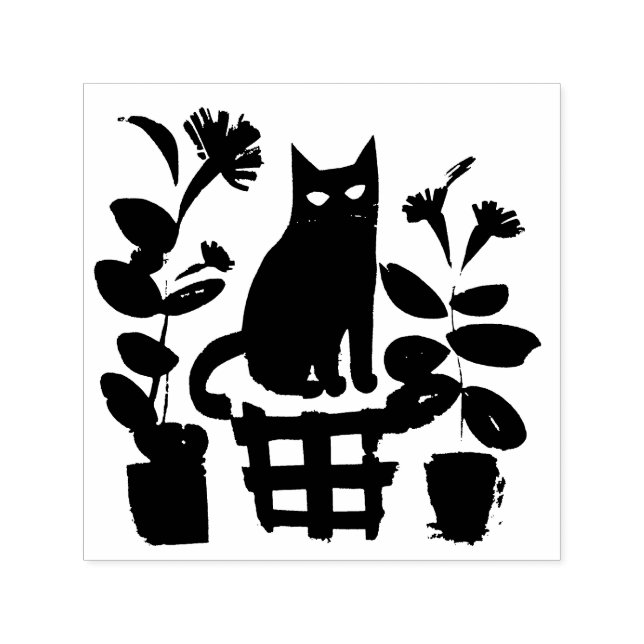 Sello Automático Un gato negro con plantas domésticas (Diseño)