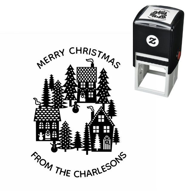 Sello Automático Vacaciones personalizadas en aldeas de navidades (Christmas Village personalized holiday self inking stamp)