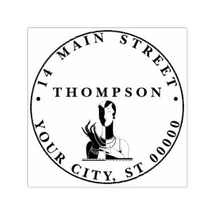 Sello Automático Vieja Dama Art Decó con Perlas Dirección Negra