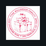 Sello Automático Vintage Christmas Gift Image Round Return Address<br><div class="desc">Navidades familia vuelta dirección sellado por sí mismo con su nombre y dirección en tipografía roja elegante con una imagen de regalo vintage de Navidad dibujada a mano. Simplemente agrega tu nombre y dirección. Diseñado exclusivamente para usted por Happy Dolphin Studio. Si necesita ayuda o productos coincidentes, póngase en contacto...</div>