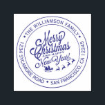Sello Automático Vintage Christmas New Year Round Address<br><div class="desc">Navidades familia vuelta dirección sellado por sí mismo con tu nombre y dirección en una tipografía violeta azul y elegante con una bonito pintada a mano Feliz Navidad y una imagen de Feliz Año Nuevo. Simplemente agrega tu nombre y dirección. Diseñado exclusivamente para usted por Happy Dolphin Studio. Si necesita...</div>