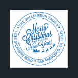 Sello Automático Vintage Christmas New Year Round Address<br><div class="desc">Navidades familia vuelta dirección sellado por sí mismo con tu nombre y dirección en tipografía azul y elegante con una bonito pintada a mano Feliz Navidad y una imagen de Feliz Año Nuevo. Simplemente agrega tu nombre y dirección. Diseñado exclusivamente para usted por Happy Dolphin Studio. Si necesita ayuda o...</div>