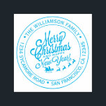 Sello Automático Vintage Christmas New Year Round Address<br><div class="desc">Navidades familia vuelta dirección sellado por sí mismo con tu nombre y dirección en tipografía azul y elegante con una bonito pintada a mano Feliz Navidad y una imagen de Feliz Año Nuevo. Simplemente agrega tu nombre y dirección. Diseñado exclusivamente para usted por Happy Dolphin Studio. Si necesita ayuda o...</div>