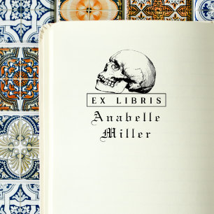 Sello Automático Vintage Script Gothic Skull Elegante Ex Libris Lib