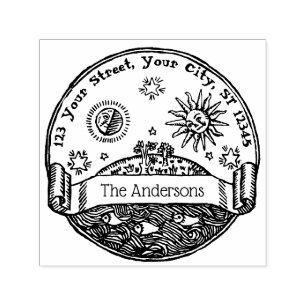 Sello Automático Vintage Sol Luna Estrellas Océano Tierra Nombre Di