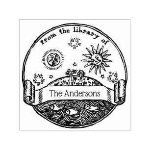 Sello Automático Vintage Sun Moon Stars Ocean Earth Library
