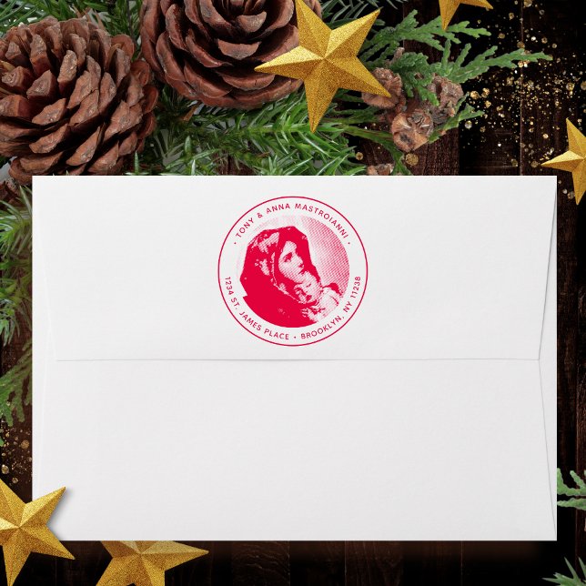 Sello Automático Virgin Mary & Jesus Navidades Regreso Dirección (Religious Christmas self-inking stamp with Madonna & Child for Catholic familes & churches)