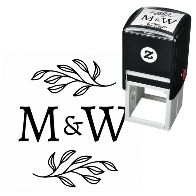 Sello Automático Wedding Couple Monogram Elegant Botanical (Modern wedding couple monogram logo initials self inking stamp with botanical leaf sprig)