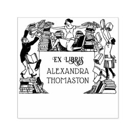 Sello Automático Whimsical Falling Books Ex Libris Library Name