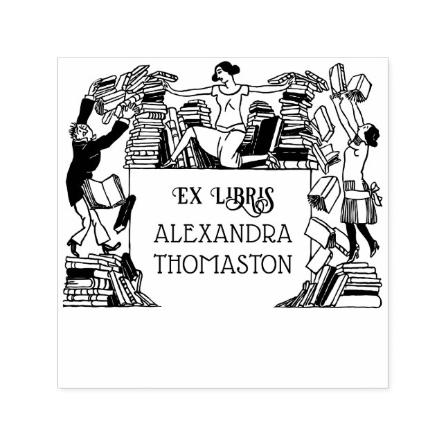 Sello Automático Whimsical Falling Books Ex Libris Library Name (Diseño)
