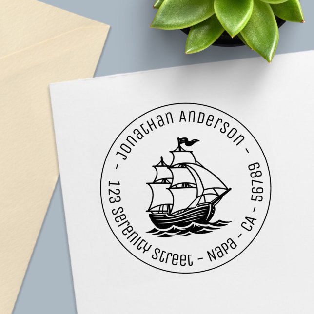 Sello Automático Wooden Sailing Ship Galleon Sea Round Address (Subido por el creador)