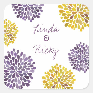 Sello Boda Dahlias color morado y amarillo