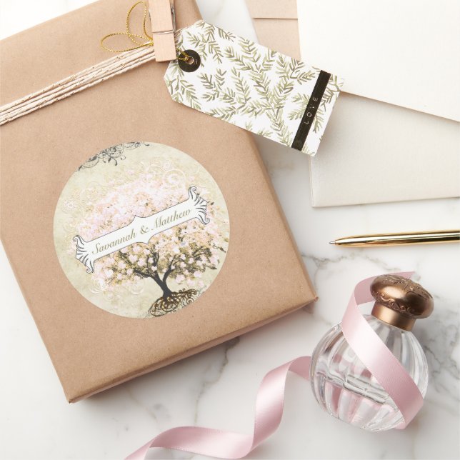 Sello Boda de árbol de hojas de corazón rosado (Regalar)