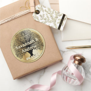 Sello Boda de oro elegante Swirl Black Tree