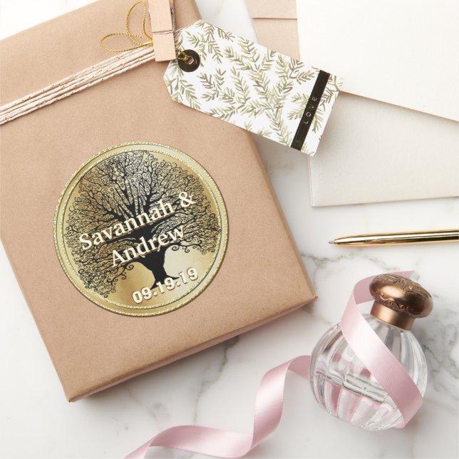 Sello Boda de oro elegante Swirl Black Tree (Regalar)