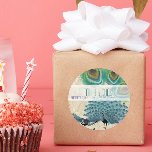 Sello Boda de plumas de pavo real vintage (Fiesta)