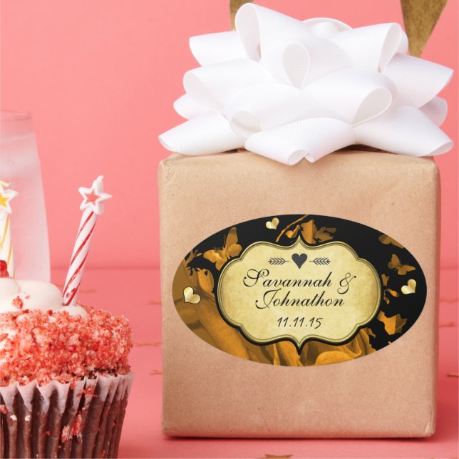 Sello Boda de Rosas y mariposas de corazón dorado (Fiesta)