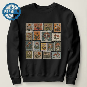 Sello botánico vintage con flores y hongos