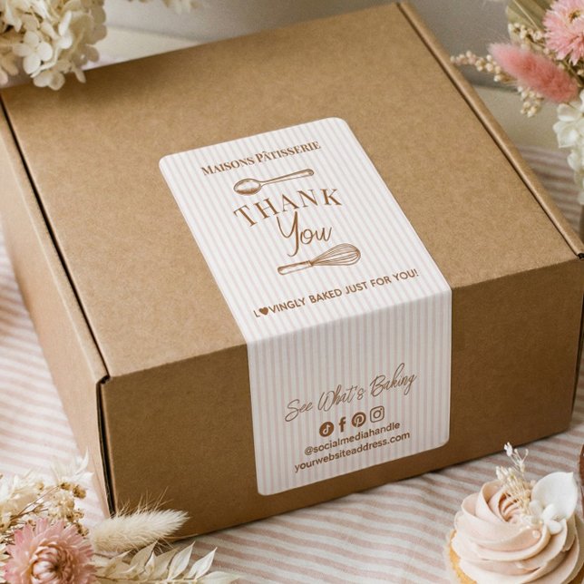 Sello de agradecimiento de panadería con cucharita (Chic Pink Stripe Whisk Spoon Thank You Bakery Seal Label)