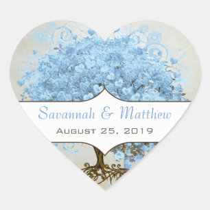 Sello de boda de árbol de hoja de corazón azul pol