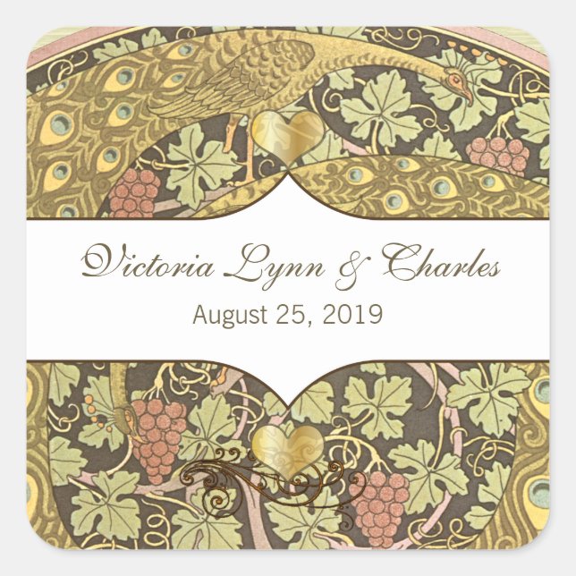 Sello de Boda de corazón de pavos reales de arte A (Anverso)