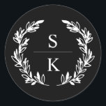 Sello de Boda de monograma de la flor de color neg<br><div class="desc">Elegante sello para sobres boda negro con un monograma de laurel. Sello para sobres monogramado con una corona de laurel blanca sobre un fondo negro. Sello para sobres negro con sus iniciales dentro de una corona de laurel.</div>