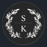 Sello de Boda de monograma de la flor de color neg<br><div class="desc">Elegante sello para sobres boda negro con un monograma de laurel. Sello para sobres monogramado con una corona de laurel blanca sobre un fondo negro. Sello para sobres negro con sus iniciales dentro de una corona de laurel.</div>