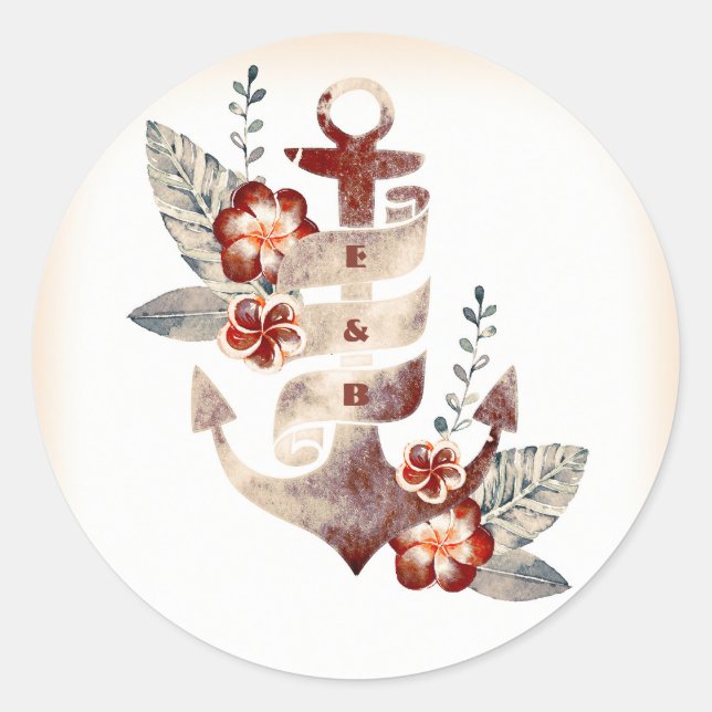 Sello de Boda del ancla floral de la playa náutica (Anverso)